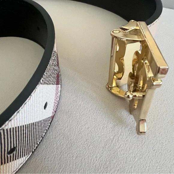 Burberry Monogram Check TB Logo Gold Buckle Plaid Belt Beige Gold Luxe Holiday - Picture 12 of 17
